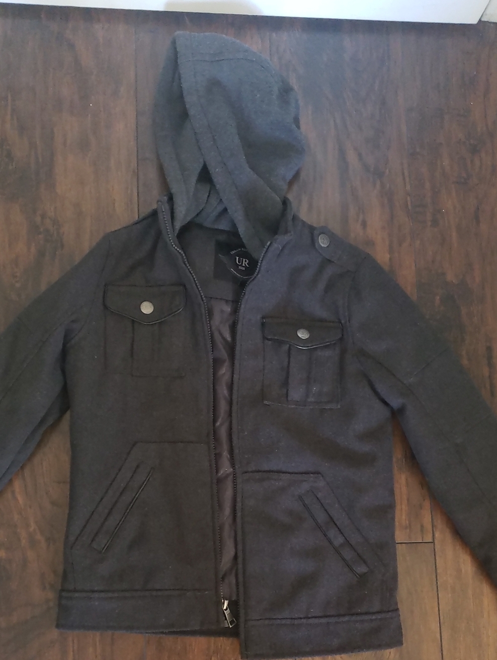 Urban Republic Boys' Charcoal Gray Hooded Pea Coat
